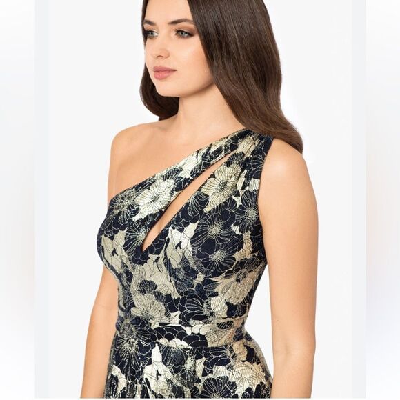 Betsy & Adam GWEN" LONG ONE SHOULDER WRAP FOIL FLOWER DRESS PETITE  NWT - Picture 5 of 9